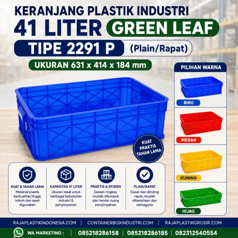 KERANJANG PLASTIK INDUSTRI 41 LITER GREEN LEAF TIPE 2291 P KERANJANG PLASTIK INDUSTRI 41 LITER GREEN LEAF TIPE 2291 P, UKURAN 631 x 414 x 184 mm: Solusi Penyimpanan Heavy Duty yang Kokoh, Higienis, dan Efisien untuk Berbagai Kebutuhan Industri