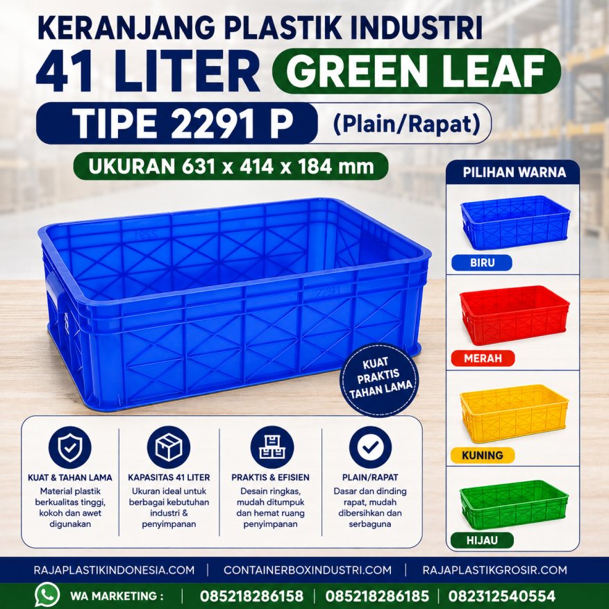 KERANJANG PLASTIK INDUSTRI 41 LITER GREEN LEAF TIPE 2291 P, UKURAN 631 x 414 x 184 mm: Solusi Penyimpanan Heavy Duty yang Kokoh, Higienis, dan Efisien untuk Berbagai Kebutuhan Industri