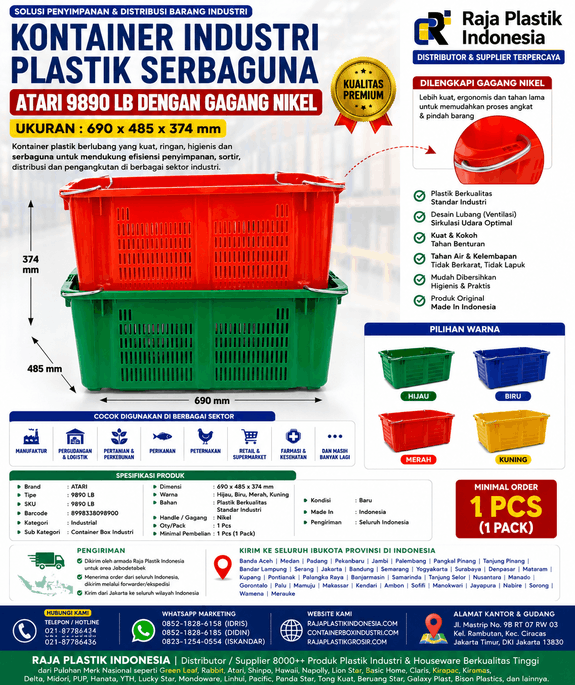 KONTAINER INDUSTRI PLASTIK SERBAGUNA ATARI 9890 LB DENGAN GAGANG NIKEL, UKURAN 690 x 485 x 374 mm: Solusi Penyimpanan Premium untuk Industri, Gudang, Logistik, dan Distribusi
