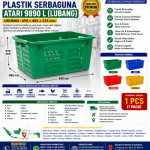 KONTAINER INDUSTRI PLASTIK SERBAGUNA ATARI 9890 L (2) KONTAINER INDUSTRI PLASTIK SERBAGUNA ATARI 9890 L (LUBANG), UKURAN 690 x 485 x 374 mm: Solusi Penyimpanan Profesional untuk Berbagai Kebutuhan Industri