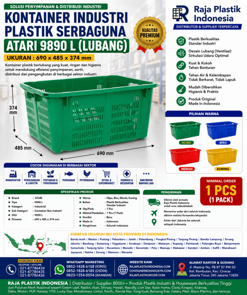 KONTAINER INDUSTRI PLASTIK SERBAGUNA ATARI 9890 L (2) KONTAINER INDUSTRI PLASTIK SERBAGUNA ATARI 9890 L (LUBANG), UKURAN 690 x 485 x 374 mm: Solusi Penyimpanan Profesional untuk Berbagai Kebutuhan Industri