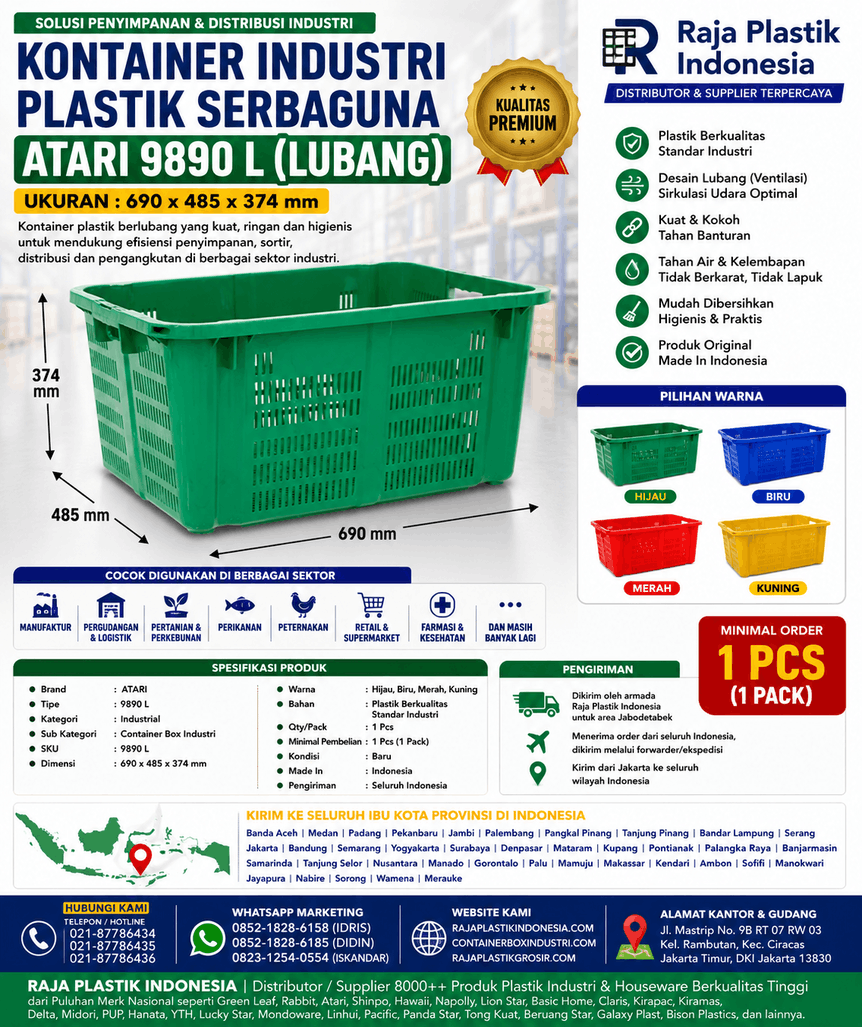 KONTAINER INDUSTRI PLASTIK SERBAGUNA ATARI 9890 L (LUBANG), UKURAN 690 x 485 x 374 mm: Solusi Penyimpanan Profesional untuk Berbagai Kebutuhan Industri