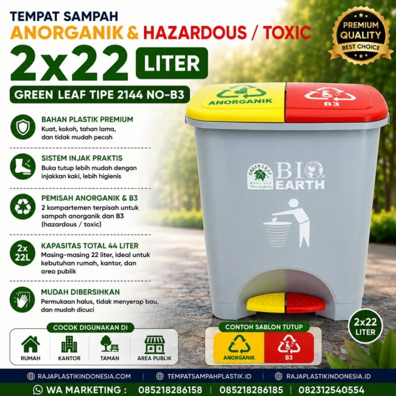 TEMPAT SAMPAH ANORGANIK & HAZARDOUS TOXIC 2×22 LITER GREEN LEAF TIPE 2144 NO-B3 TEMPAT SAMPAH ANORGANIK & HAZARDOUS / TOXIC 2×22 LITER GREEN LEAF TIPE 2144 NO-B3: Solusi Tempat Sampah Dual Kompartemen untuk Sampah Anorganik dan Limbah B3 yang Higienis, Aman, dan Profesional