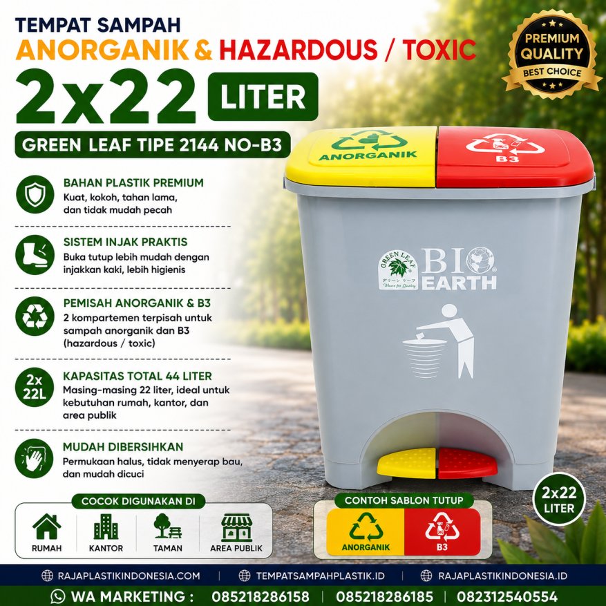 TEMPAT SAMPAH ANORGANIK & HAZARDOUS / TOXIC 2×22 LITER GREEN LEAF TIPE 2144 NO-B3: Solusi Tempat Sampah Dual Kompartemen untuk Sampah Anorganik dan Limbah B3 yang Higienis, Aman, dan Profesional