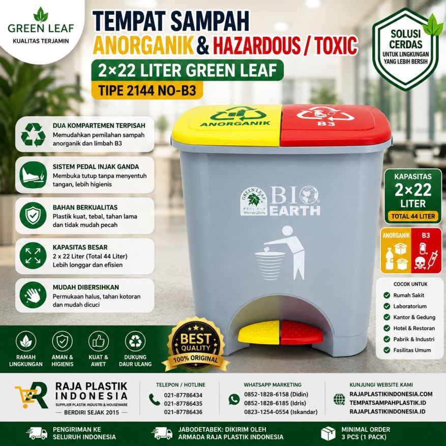 TEMPAT SAMPAH ANORGANIK & HAZARDOUS / TOXIC 2×22 LITER GREEN LEAF TIPE 2144 NO-B3: Solusi Tempat Sampah Dual Kompartemen untuk Sampah Anorganik dan Limbah B3 yang Higienis, Aman, dan Profesional