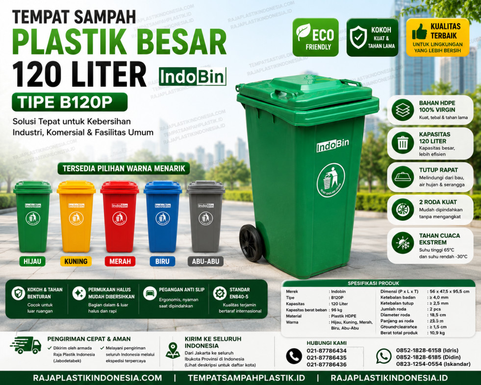 TEMPAT SAMPAH PLASTIK BESAR 120 LITER INDOBIN TIPE B120P – Solusi Tempat Sampah HDPE Premium untuk Industri, HORECA, Perkantoran dan Fasilitas Umum