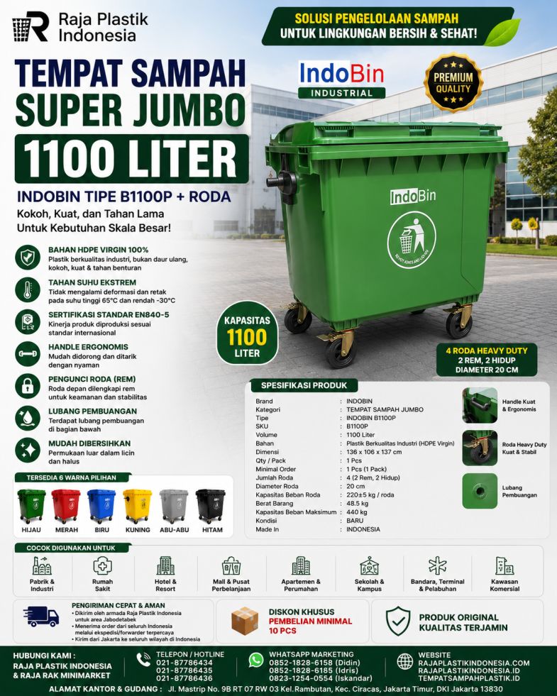 TEMPAT SAMPAH BESAR PLASTIK 1100 LITER INDOBIN TIPE B1100P + RODA: Solusi Tempat Sampah Jumbo Berkapasitas 1100 Liter dengan Roda Heavy Duty untuk Kebutuhan Industri dan Fasilitas Umum