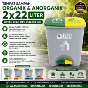 TEMPAT SAMPAH ORGANIK & ANORGANIK 2x22 LITER GREEN LEAF TIPE 2144 OR-NO – Solusi Tempat Sampah Dual Kompartemen Modern untuk Pemilahan Sampah Organik dan Anorganik