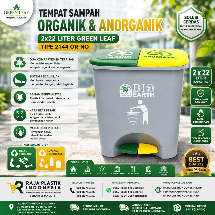 TEMPAT SAMPAH ORGANIK & ANORGANIK 2x22 LITER GREEN LEAF TIPE 2144 OR-NO – Solusi Tempat Sampah Dual Kompartemen Modern untuk Pemilahan Sampah Organik dan Anorganik