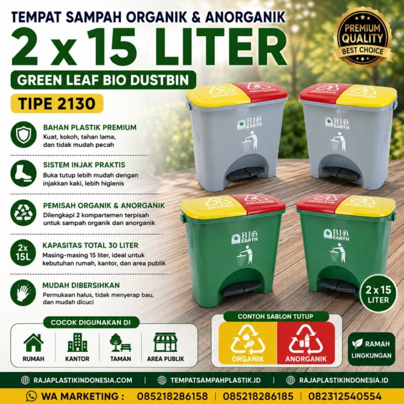 TEMPAT SAMPAH ORGANIK & ANORGANIK GREEN LEAF BIO DUSTBIN 2 x 15 LITER TIPE 2130 | RAJA PLASTIK INDONESIA