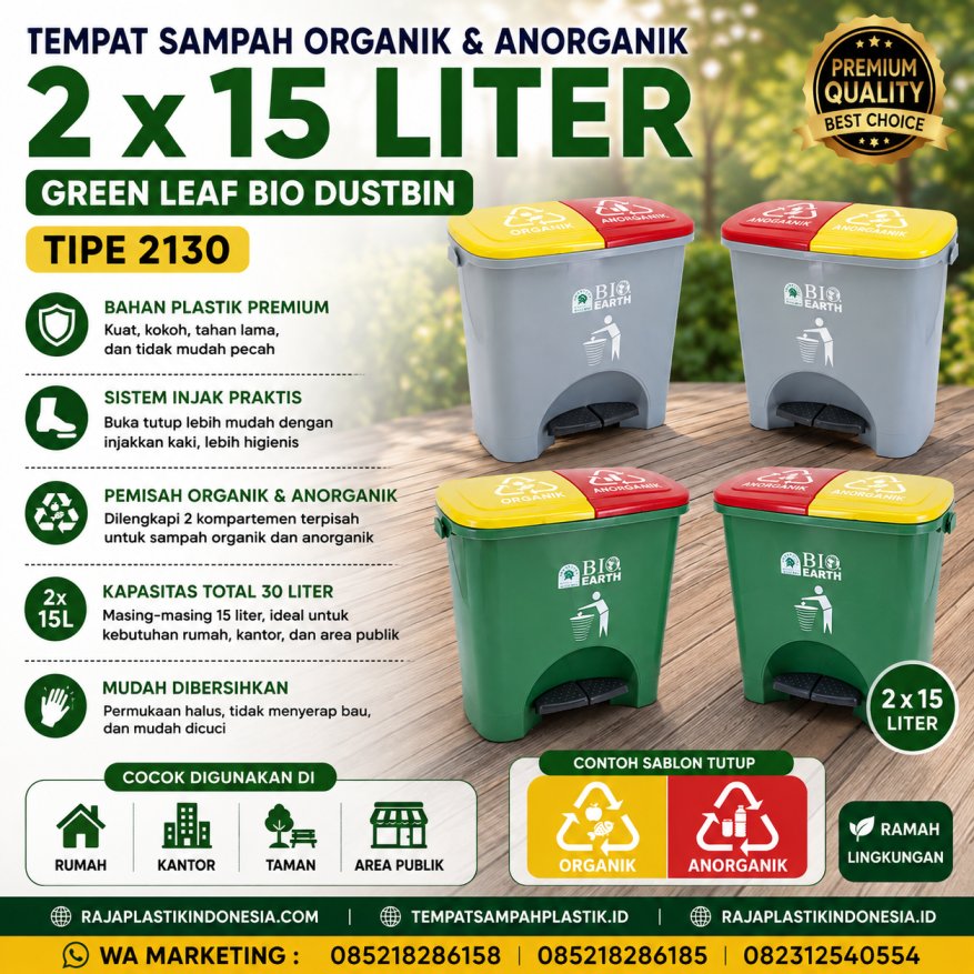 TEMPAT SAMPAH ORGANIK & ANORGANIK GREEN LEAF BIO DUSTBIN 2 x 15 LITER TIPE 2130 | RAJA PLASTIK INDONESIA