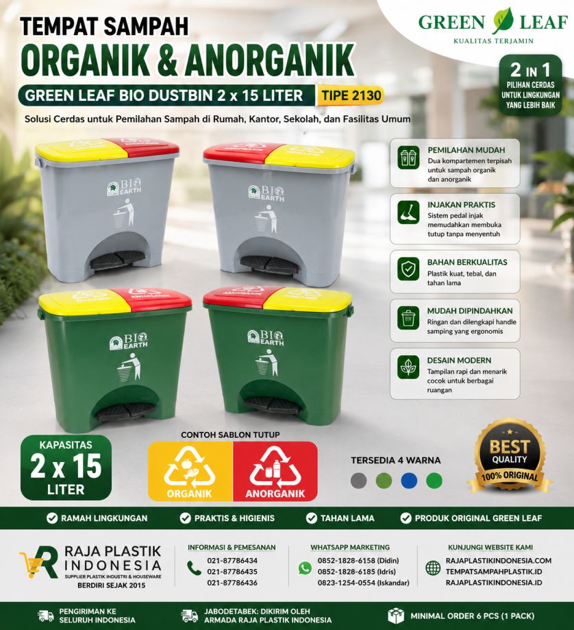 TEMPAT SAMPAH ORGANIK & ANORGANIK GREEN LEAF BIO DUSTBIN 2 x 15 LITER TIPE 2130 | RAJA PLASTIK INDONESIA
