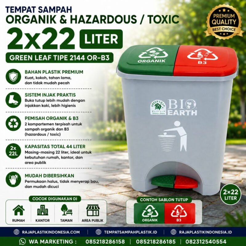 Tempat Sampah Organik & Hazardous / Toxic 2×22 Liter Green Leaf Tipe 2144 OR-B3, Solusi Pemilahan Sampah Organik dan Limbah B3 yang Praktis, Higienis, dan Berkualitas