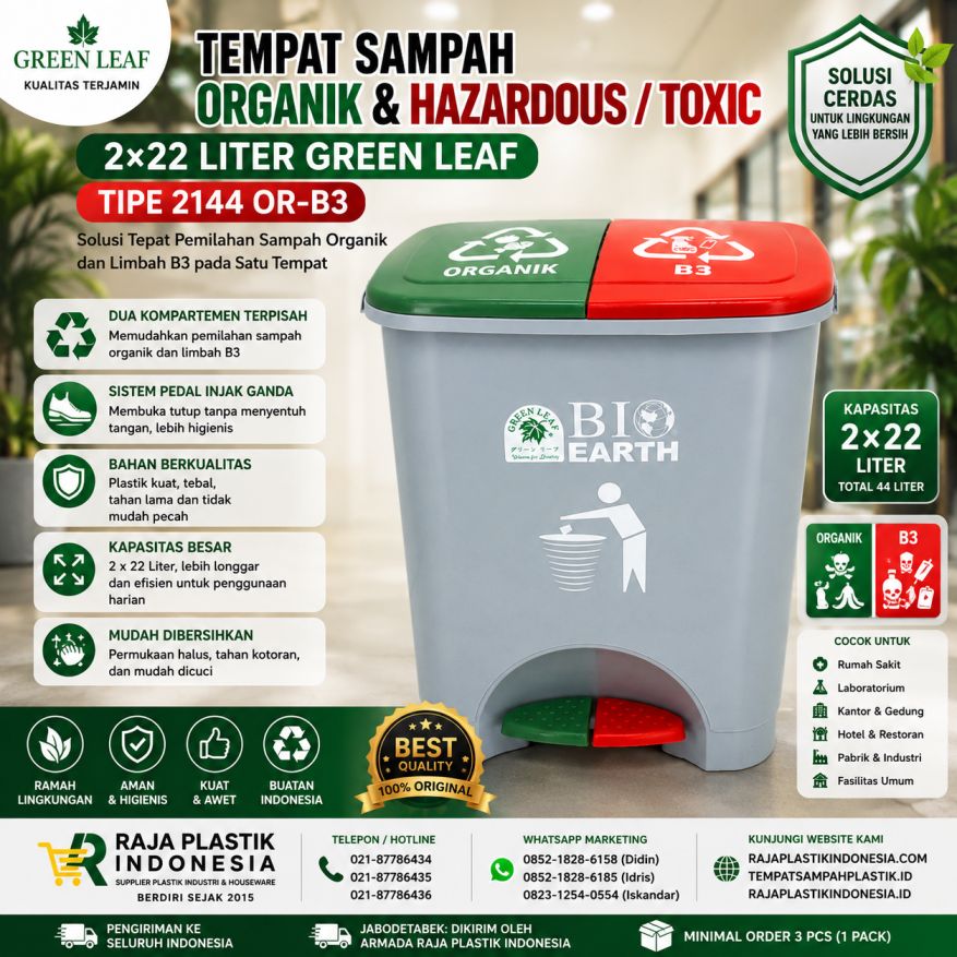 Tempat Sampah Organik & Hazardous / Toxic 2×22 Liter Green Leaf Tipe 2144 OR-B3, Solusi Pemilahan Sampah Organik dan Limbah B3 yang Praktis, Higienis, dan Berkualitas