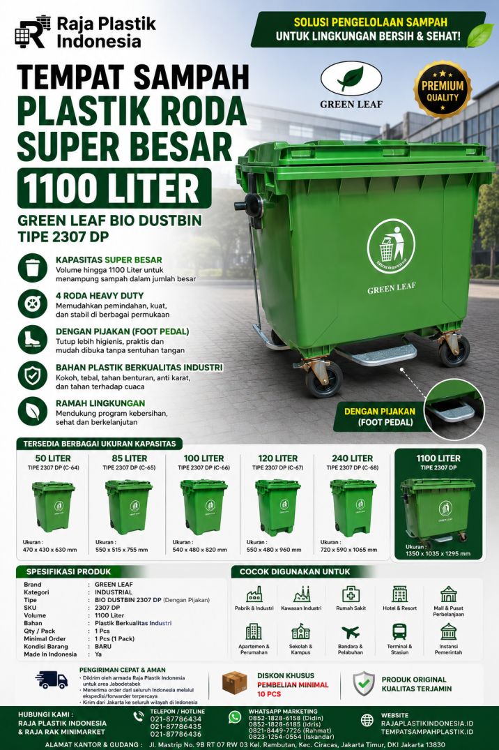 TEMPAT SAMPAH PLASTIK RODA SUPER BESAR 1100 LITER GREEN LEAF BIO DUSTBIN TIPE 2307 DP untuk Pengelolaan Sampah Skala Industri
