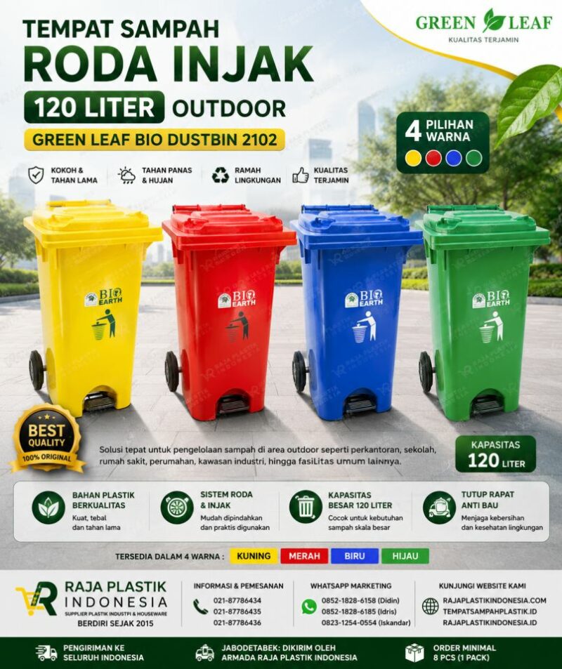 TEMPAT SAMPAH RODA INJAK 120 LITER OUTDOOR GREEN LEAF BIO DUSTBIN 2102 RAJA PLASTIK INDONESIA