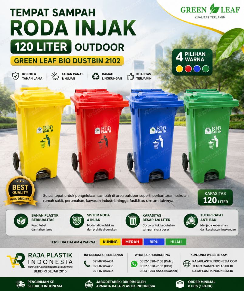 TEMPAT SAMPAH RODA INJAK 120 LITER OUTDOOR GREEN LEAF BIO DUSTBIN 2102 RAJA PLASTIK INDONESIA