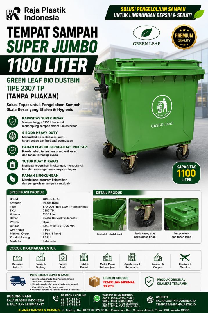 TEMPAT SAMPAH SUPER JUMBO 1100 LITER GREEN LEAF BIO DUSTBIN TIPE 2307 TP (TANPA PIJAKAN): Solusi Tempat Sampah Industrial Berkapasitas Super Jumbo untuk Pengelolaan Sampah Skala Besar