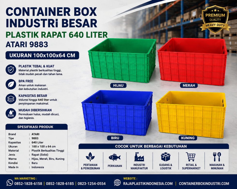 CONTAINER BOX INDUSTRI BESAR PLASTIK RAPAT 640 LITER ATARI 9883 UKURAN 100x100x64 CM | RAJA PLASTIK INDONESIA