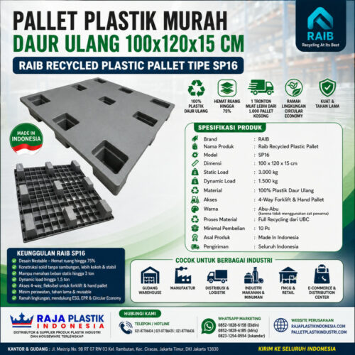 PALLET PLASTIK MURAH DAUR ULANG 100x120x15 CM - RAIB RECYCLED PLASTIC PALLET TIPE SP16