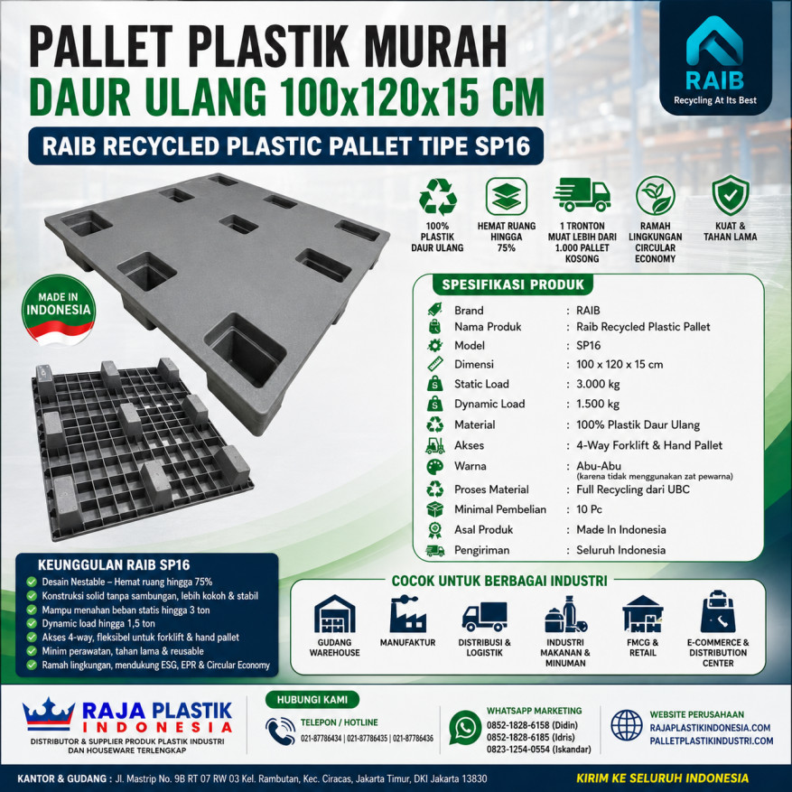 PALLET PLASTIK MURAH DAUR ULANG 100x120x15 CM - RAIB RECYCLED PLASTIC PALLET TIPE SP16