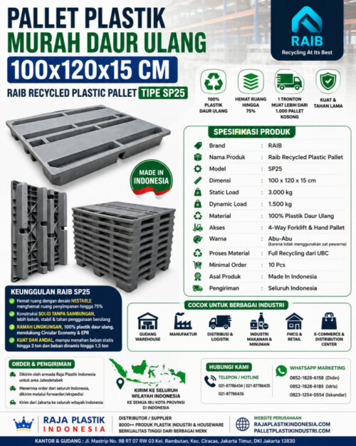 PALLET PLASTIK MURAH DAUR ULANG 100x120x15 CM – RAIB RECYCLED PLASTIC PALLET TIPE SP25