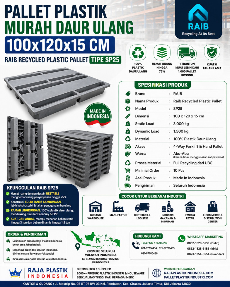PALLET PLASTIK MURAH DAUR ULANG 100x120x15 CM – RAIB RECYCLED PLASTIC PALLET TIPE SP25