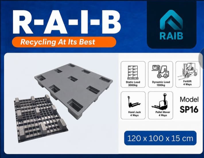PALLET PLASTIK MURAH DAUR ULANG 100x120x15 CM - RAIB RECYCLED PLASTIC PALLET TIPE SP16 | RAJA PLASTIK INDONESIA