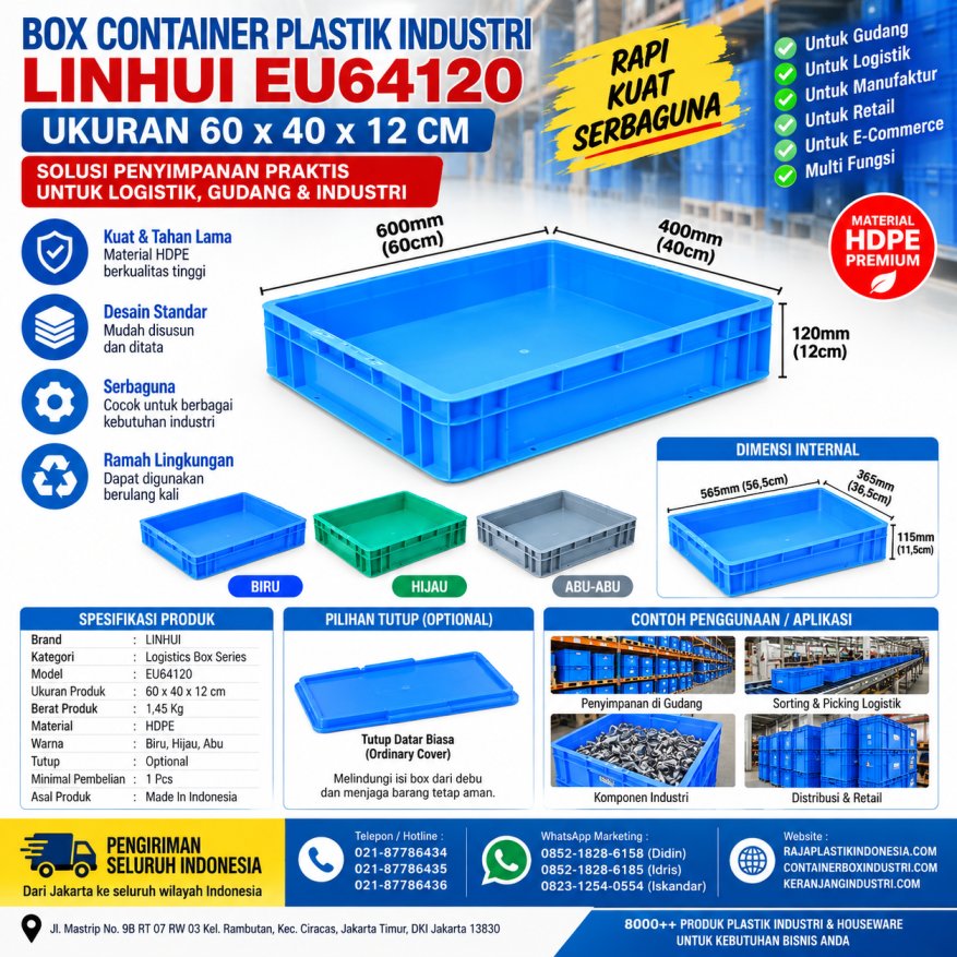 BOX CONTAINER PLASTIK INDUSTRI LINHUI EU64120 UKURAN 60x40x12 CM | RAJA PLASTIK INDONESIA