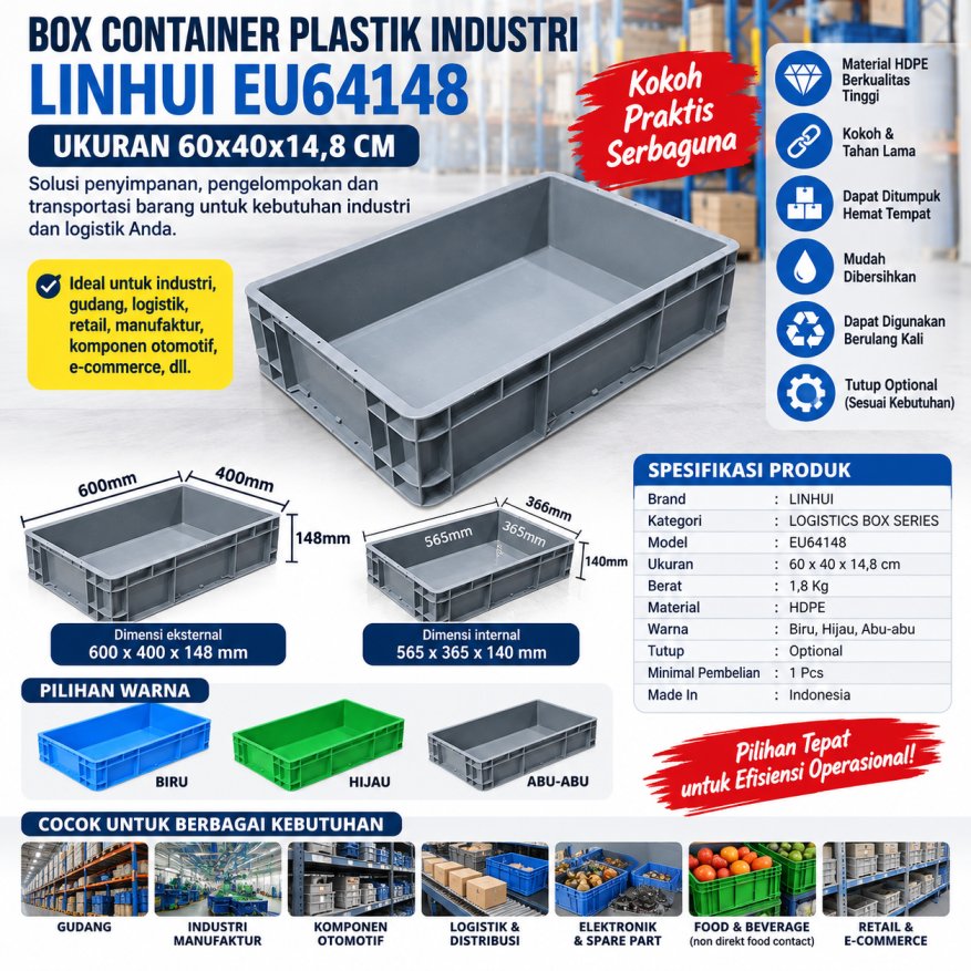 BOX CONTAINER PLASTIK INDUSTRI LINHUI EU64148 UKURAN 60x40x14,8 CM | RAJA PLASTIK INDONESIA