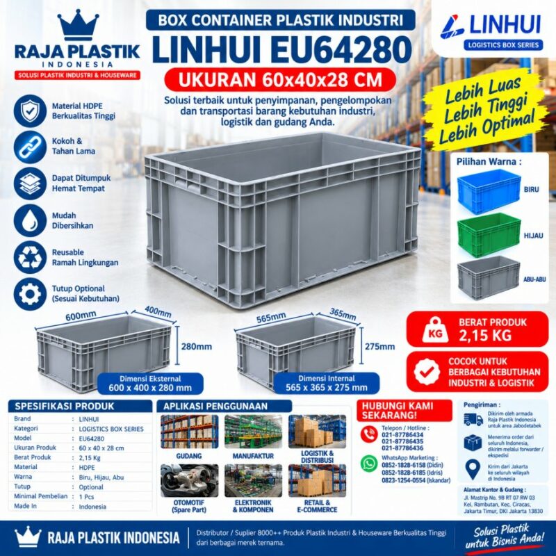 BOX CONTAINER PLASTIK INDUSTRI LINHUI EU64280 UKURAN 60x40x28 CM | RAJA PLASTIK INDONESIA