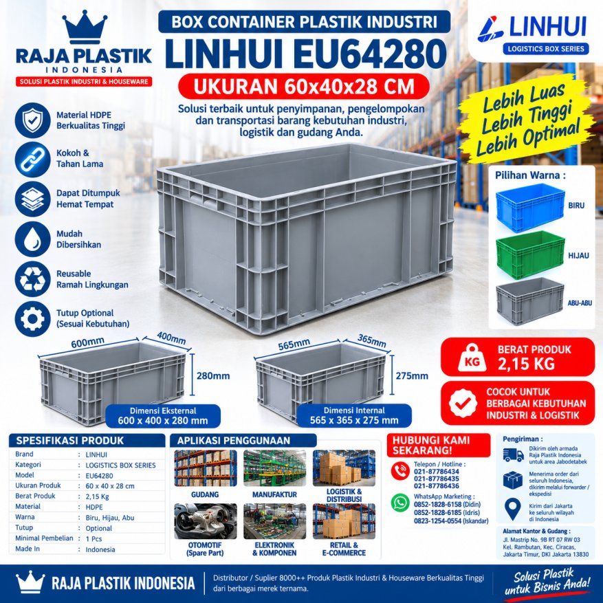 BOX CONTAINER PLASTIK INDUSTRI LINHUI EU64280 UKURAN 60x40x28 CM | RAJA PLASTIK INDONESIA
