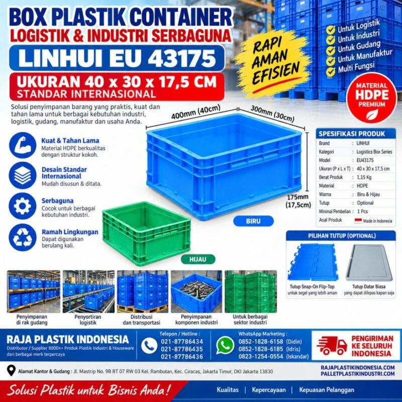 BOX PLASTIK CONTAINER LOGISTIK & INDUSTRI SERBAGUNA LINHUI EU 43175 UKURAN 40x30x17,5 CM STANDAR INTERNASIONAL | RAJA PLASTIK INDONESIA