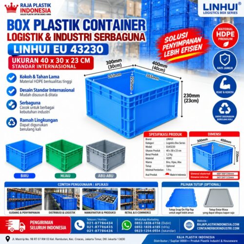 BOX PLASTIK CONTAINER LOGISTIK & INDUSTRI SERBAGUNA LINHUI EU 43230 BOX PLASTIK CONTAINER LOGISTIK & INDUSTRI SERBAGUNA LINHUI EU 43230 UKURAN 40x30x23 CM STANDAR INTERNASIONAL | RAJA PLASTIK INDONESIA