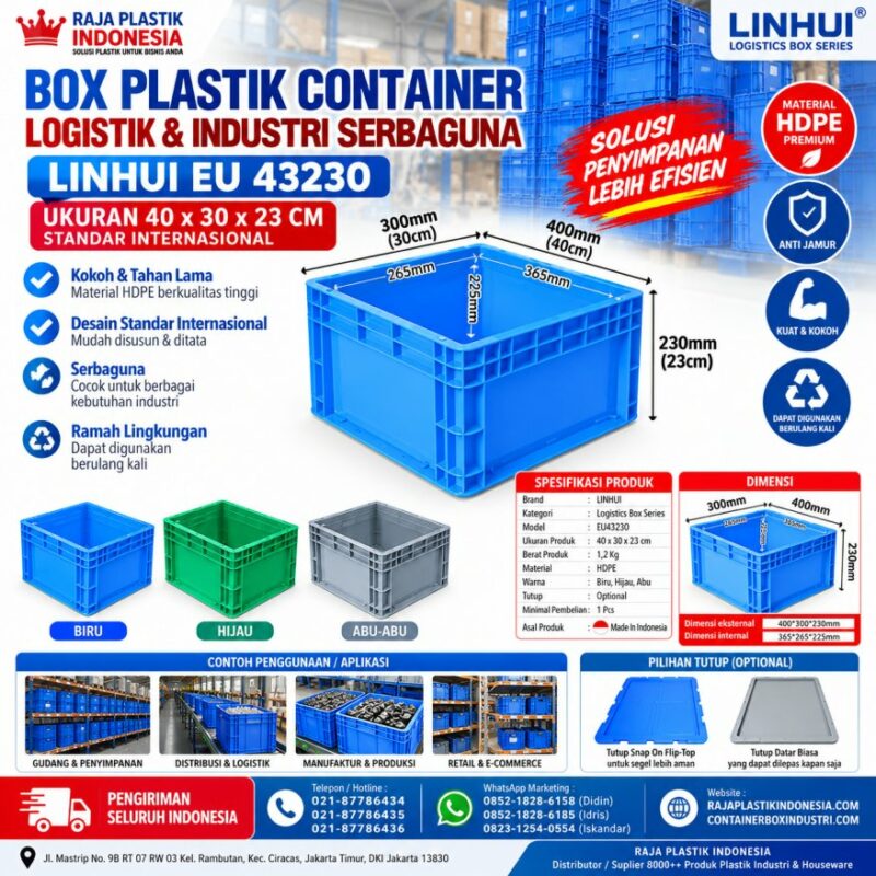 BOX PLASTIK CONTAINER LOGISTIK & INDUSTRI SERBAGUNA LINHUI EU 43230 BOX PLASTIK CONTAINER LOGISTIK & INDUSTRI SERBAGUNA LINHUI EU 43230 UKURAN 40x30x23 CM STANDAR INTERNASIONAL | RAJA PLASTIK INDONESIA