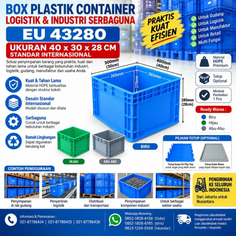 BOX PLASTIK CONTAINER LOGISTIK & INDUSTRI SERBAGUNA LINHUI EU 43280 BOX PLASTIK CONTAINER LOGISTIK & INDUSTRI SERBAGUNA LINHUI EU 43280 UKURAN 40x30x28 CM STANDAR INTERNASIONAL