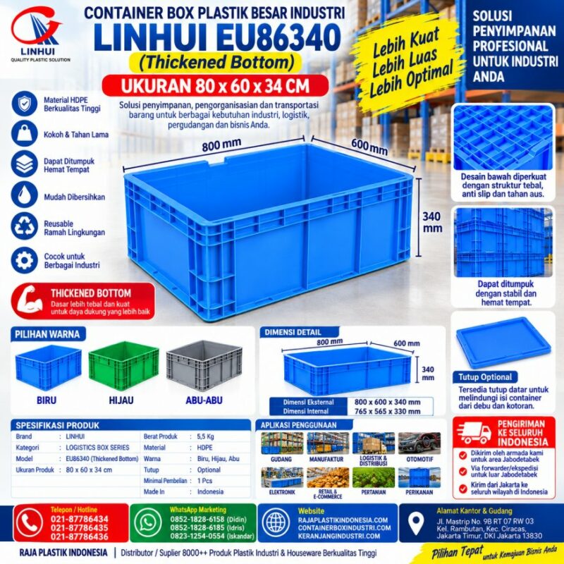 CONTAINER BOX PLASTIK BESAR INDUSTRI LINHUI EU86340 UKURAN 80x60x34 CM (Thickened Bottom) | RAJA PLASTIK INDONESIA