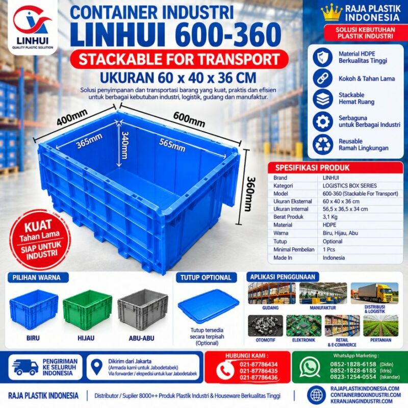 CONTAINER INDUSTRI LINHUI 600-360 STACKABLE FOR TRANSPORT UKURAN 60x40x36 CM CONTAINER INDUSTRI LINHUI 600-360 STACKABLE FOR TRANSPORT UKURAN 60x40x36 CM | RAJA PLASTIK INDONESIA