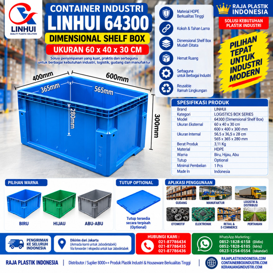 CONTAINER INDUSTRI LINHUI 64300 DIMENSIONAL SHELF BOX UKURAN 60x40x30 CM | RAJA PLASTIK INDONESIA