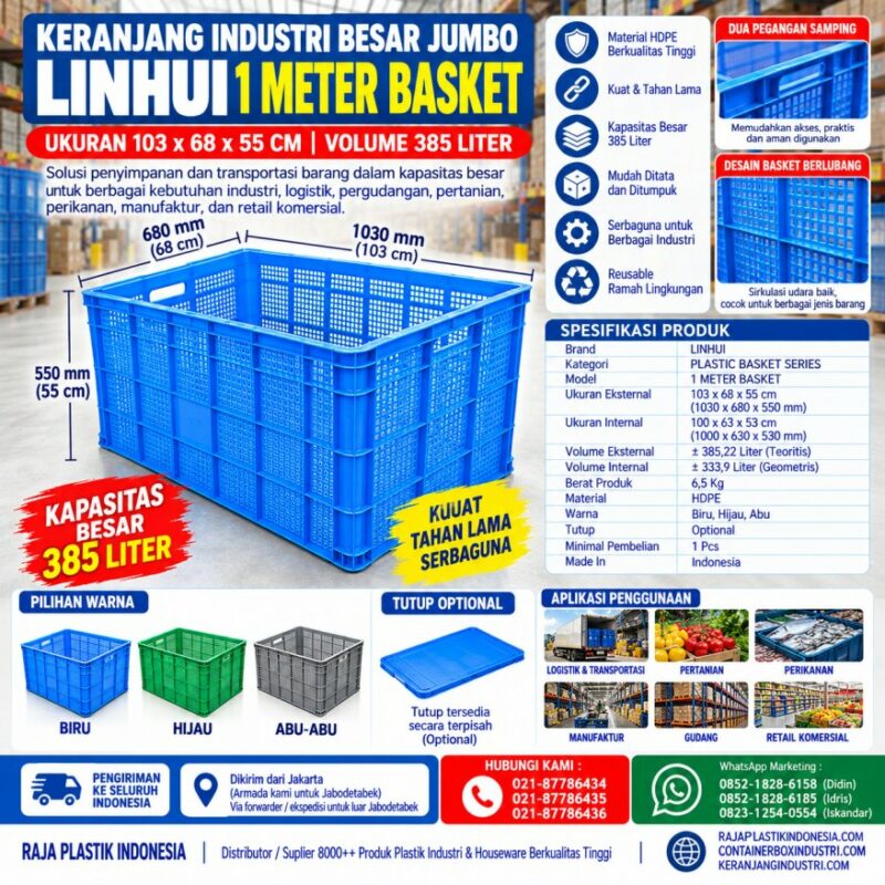 KERANJANG INDUSTRI BESAR JUMBO LINHUI 1 METER BASKET 385 LITER UKURAN 103x68x55 CM | RAJA PLASTIK INDONESIA