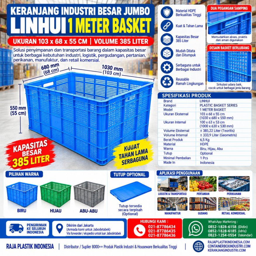KERANJANG INDUSTRI BESAR JUMBO LINHUI 1 METER BASKET 385 LITER UKURAN 103x68x55 CM | RAJA PLASTIK INDONESIA