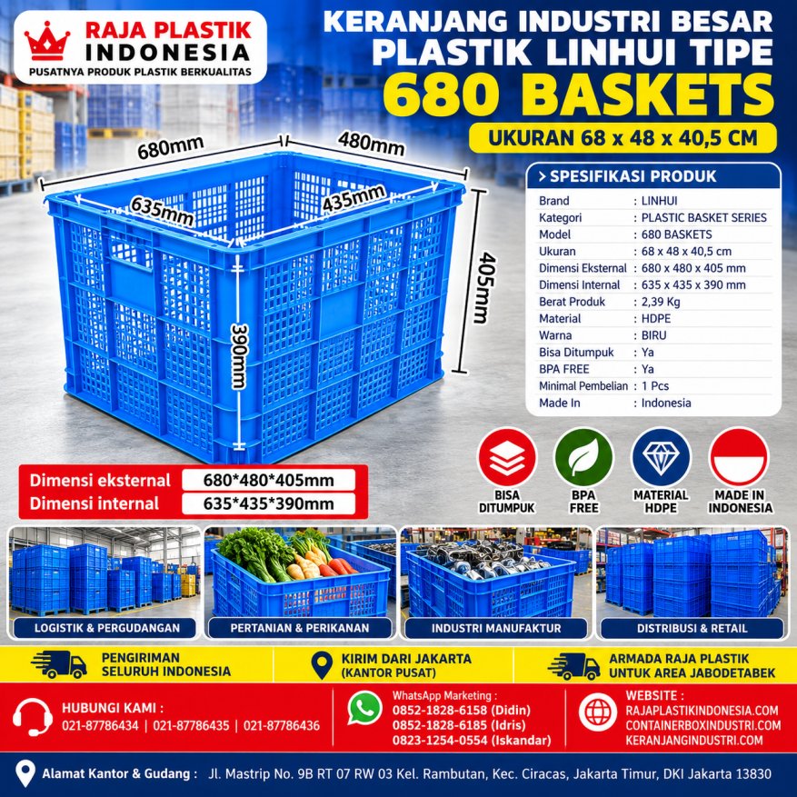 KERANJANG INDUSTRI BESAR PLASTIK LINHUI TIPE 680 BASKETS UKURAN 68 x 48 x 40,5 CM | RAJA PLASTIK INDONESIA