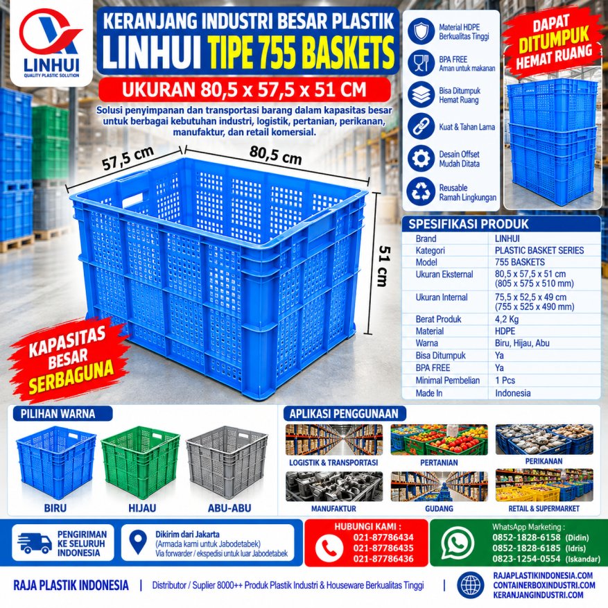 KERANJANG INDUSTRI BESAR PLASTIK LINHUI TIPE 755 BASKETS UKURAN 80,5 x 57,5 x 51 CM