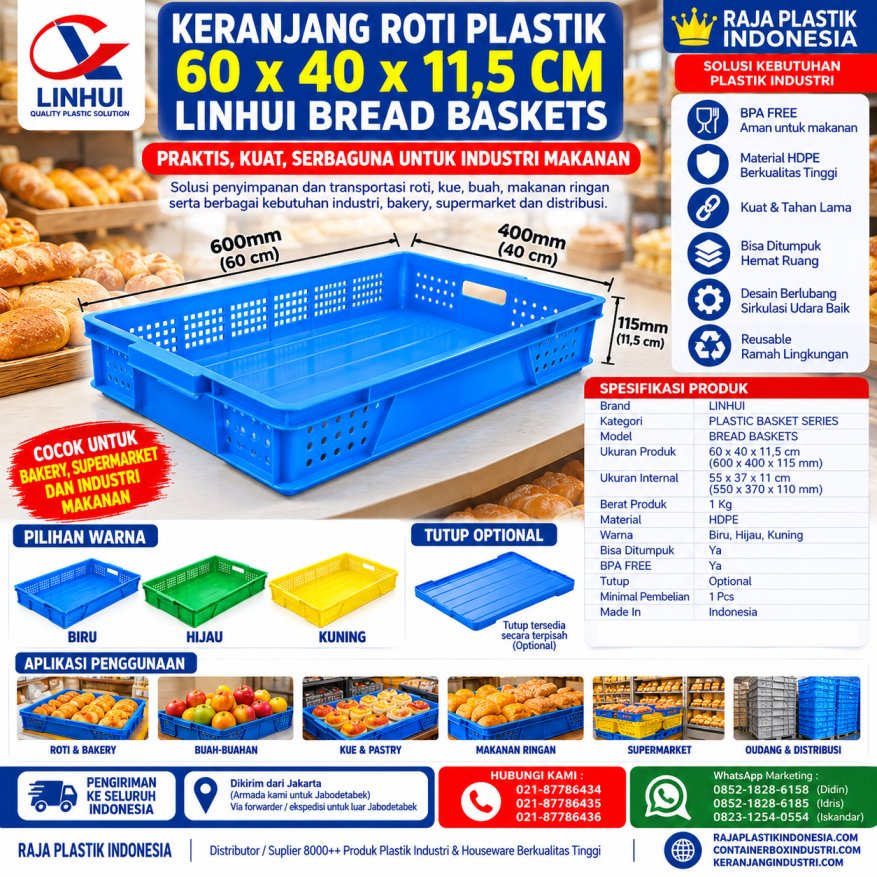 KERANJANG ROTI PLASTIK 60x40x11,5 CM LINHUI BREAD BASKETS | RAJA PLASTIK INDONESIA