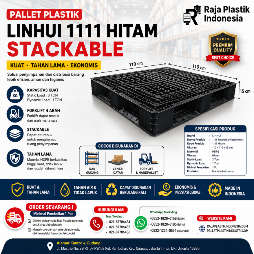 PALLET PLASTIK BARU MURAH LINHUI 1111 HITAM STACKABLE 100x100x15 CM | RAJA PLASTIK INDONESIA
