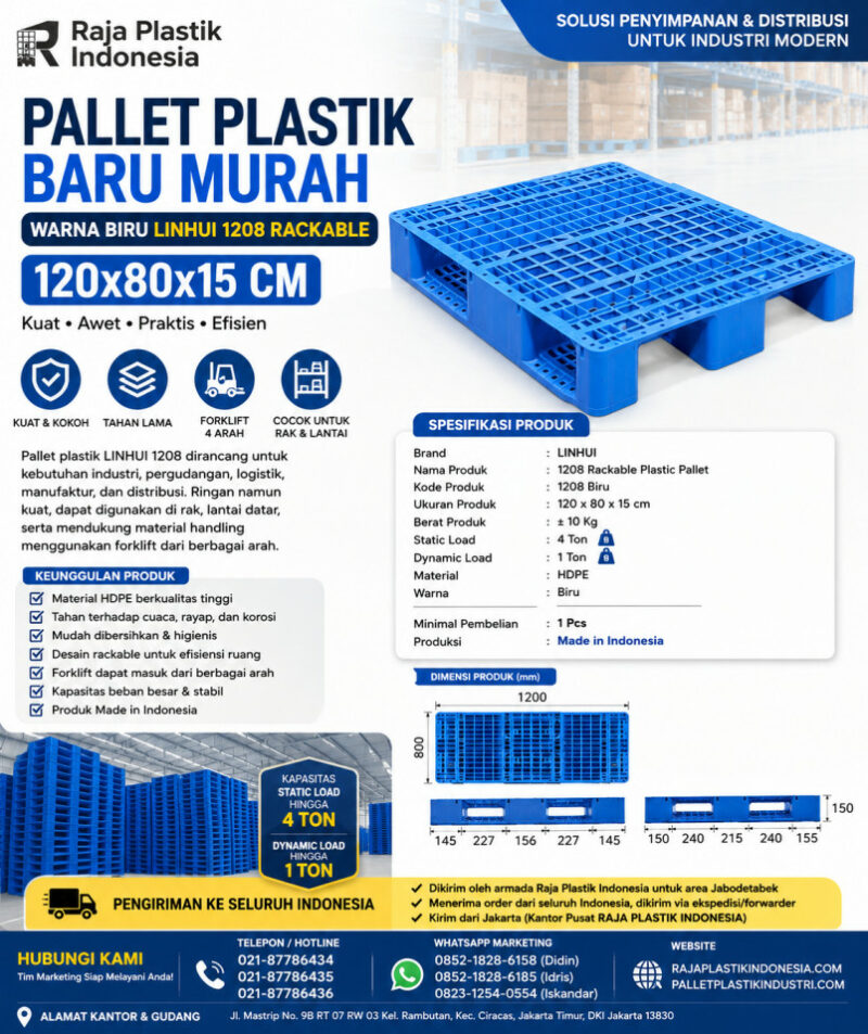 PALLET PLASTIK BARU MURAH WARNA BIRU LINHUI 1208 RACKABLE 120x80x15 CM | RAJA PLASTIK INDONESIA