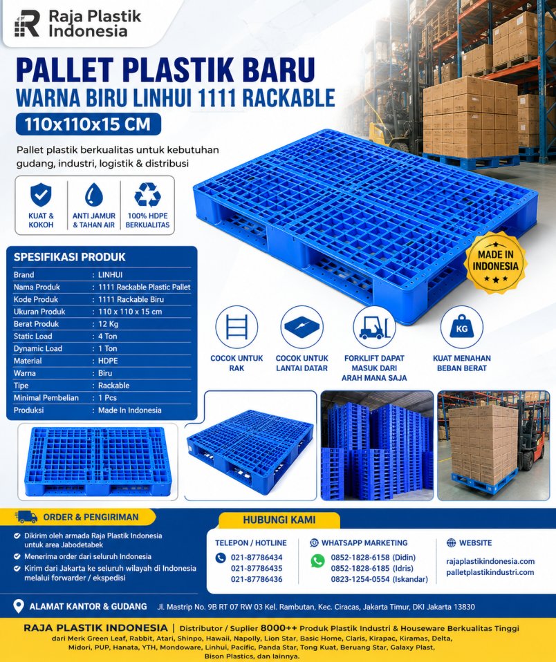 PALLET PLASTIK BARU WARNA BIRU LINHUI 1111 RACKABLE 110x110x15 CM untuk Kebutuhan Industri dan Gudang