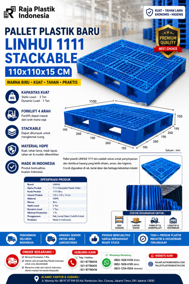 PALLET PLASTIK BARU WARNA BIRU LINHUI 1111 STACKABLE 110x110x15 CM | RAJA PLASTIK INDONESIA