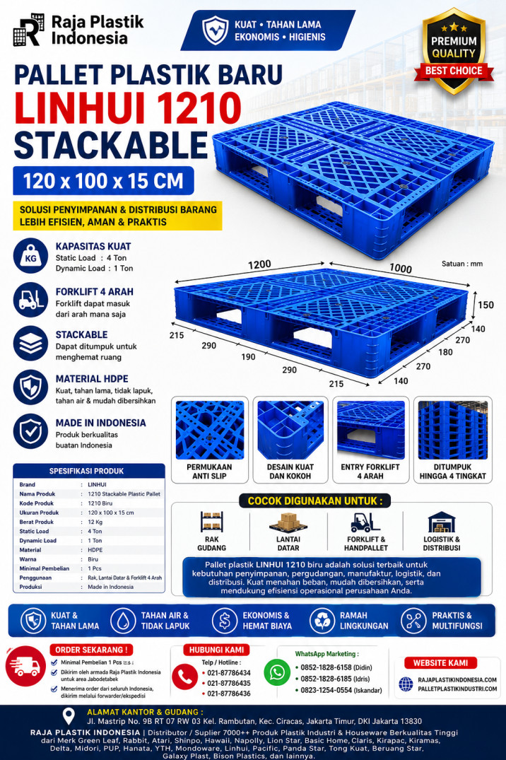 PALLET PLASTIK BARU WARNA BIRU LINHUI 1210 STACKABLE 120x100x15 CM: Solusi Pallet Plastik Berkualitas untuk Gudang, Industri, dan Distribusi