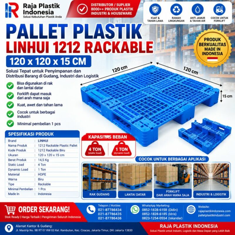 PALLET PLASTIK BARU WARNA BIRU LINHUI 1212 RACKABLE PALLET PLASTIK BARU WARNA BIRU LINHUI 1212 RACKABLE 120x120x15 CM untuk Kebutuhan Industri, Gudang dan Logistik
